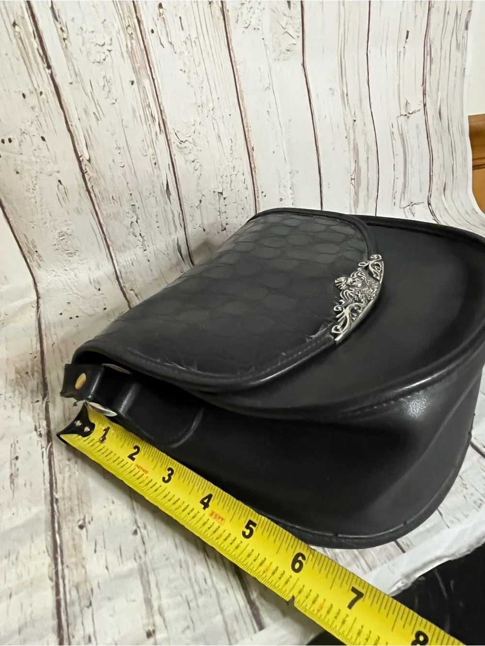 Black Croc Pattern Purse Vintage With Silver Cherub Design